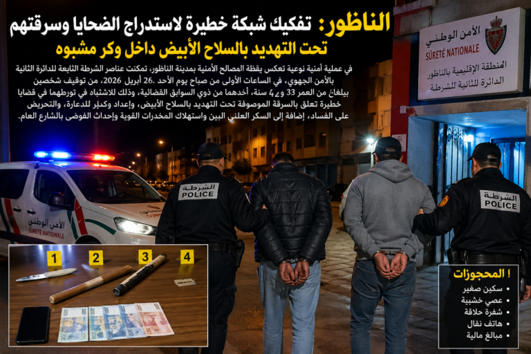 الناظور: تفكيك شبكة خطيرة لاستدراج الضحايا وسرقتهم تحت التهديد بالسلاح الأبيض داخل وكر مشبوه