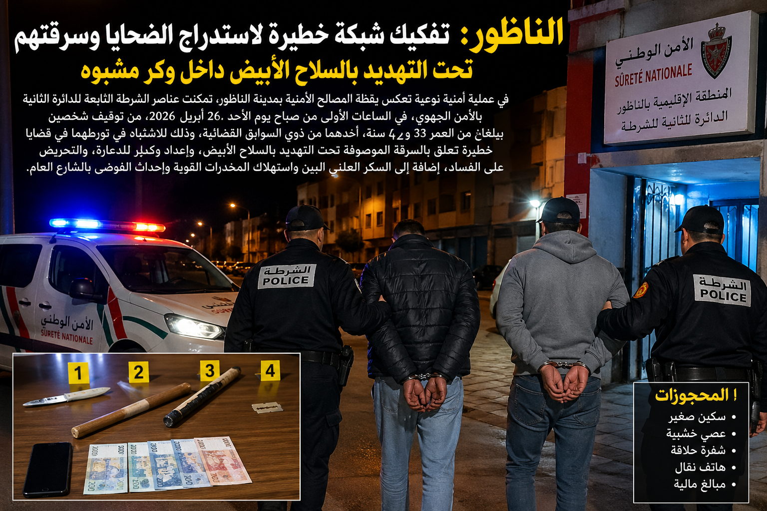 الناظور: تفكيك شبكة خطيرة لاستدراج الضحايا وسرقتهم تحت التهديد بالسلاح الأبيض داخل وكر مشبوه