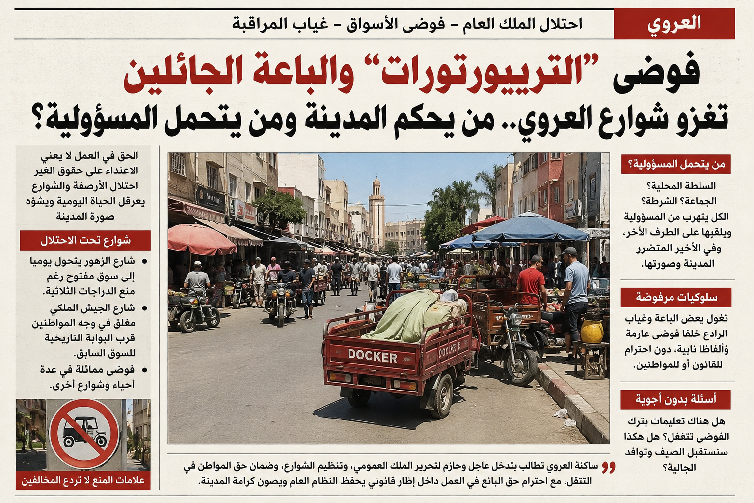 فوضى “التريبورتورات” والباعة الجائلين تغزو شوارع العروي.. من يحكم المدينة ومن يتحمل المسؤولية؟