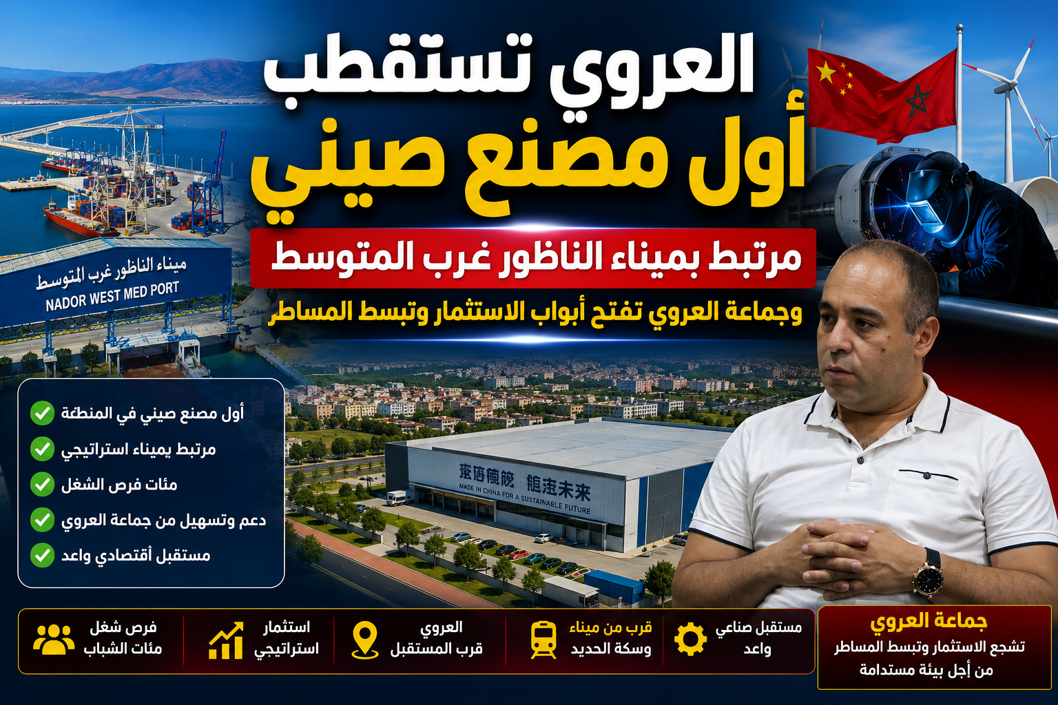 استثمار صيني جديد بالعروي.. جماعة العروي تسهل المساطر لاستقطاب أول مصنع مرتبط بميناء الناظور غرب المتوسط